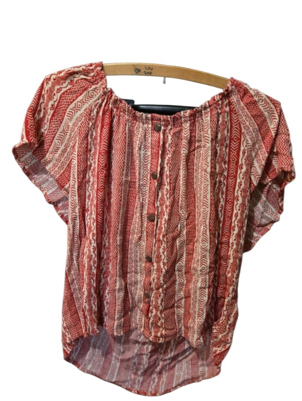 Modern Attraction Off Shoulder Boho Blouse XL Red White Rayon Peasant Top